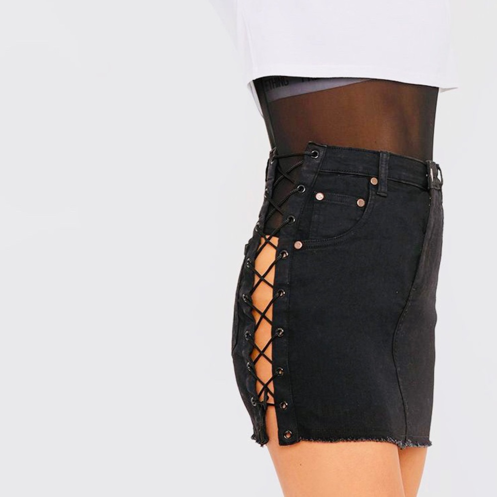 Lace up mini denim skirt